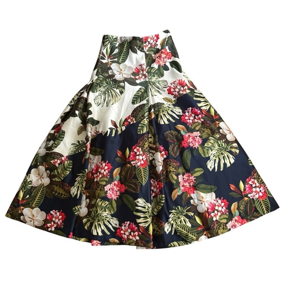 Zara Floral Printed MIDI Skirt S High Waisted Pleated Full Skirt Navy Pink Cream - Picture 1 of 4
